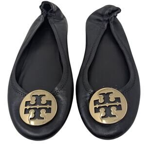 Tory Burch Minnie Black Leather Ballet Flats Gold Logo Size 8.5